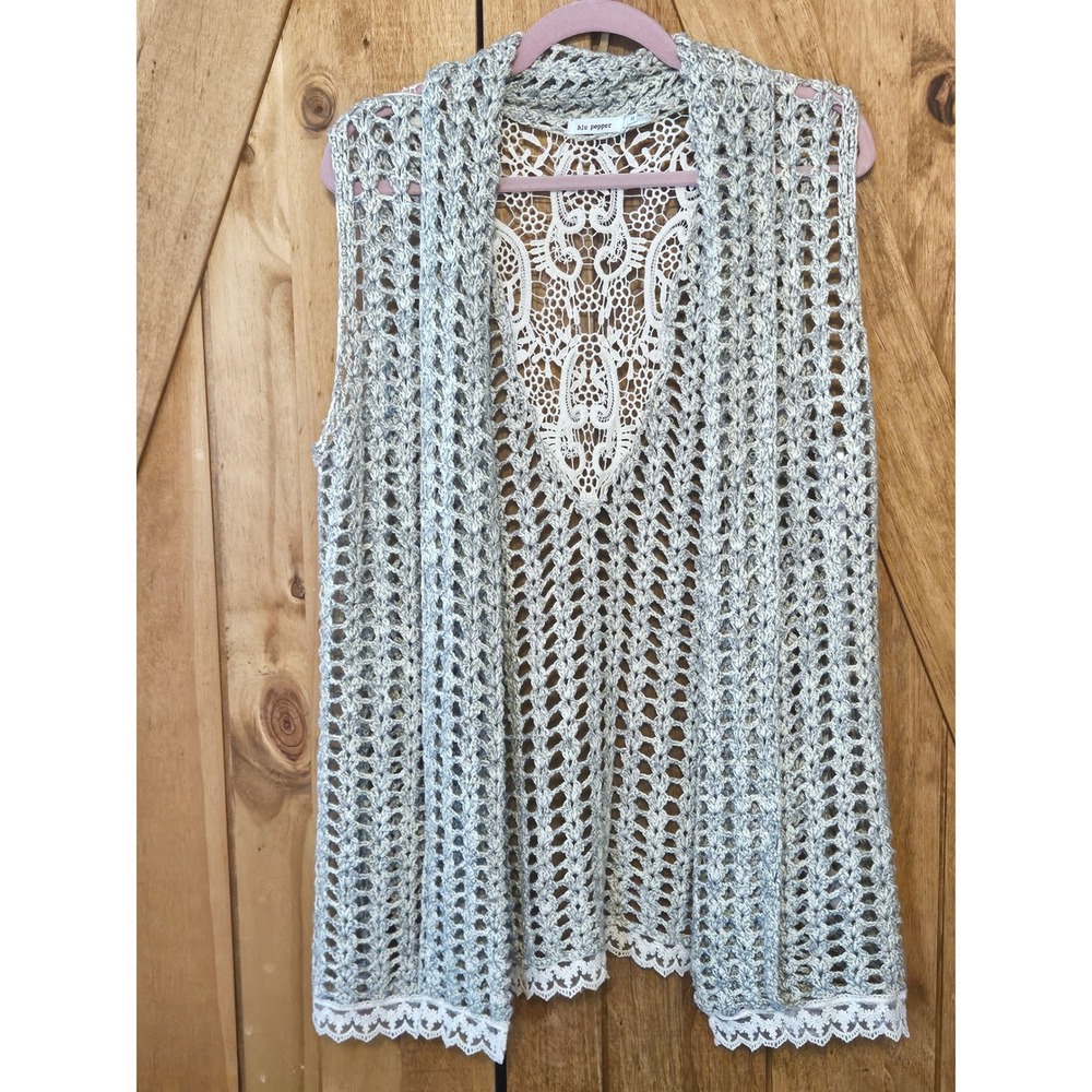 Blu Pepper Crochet Vest M‎ Granola Lagen Lace Medallion Open Front BA3990 #765